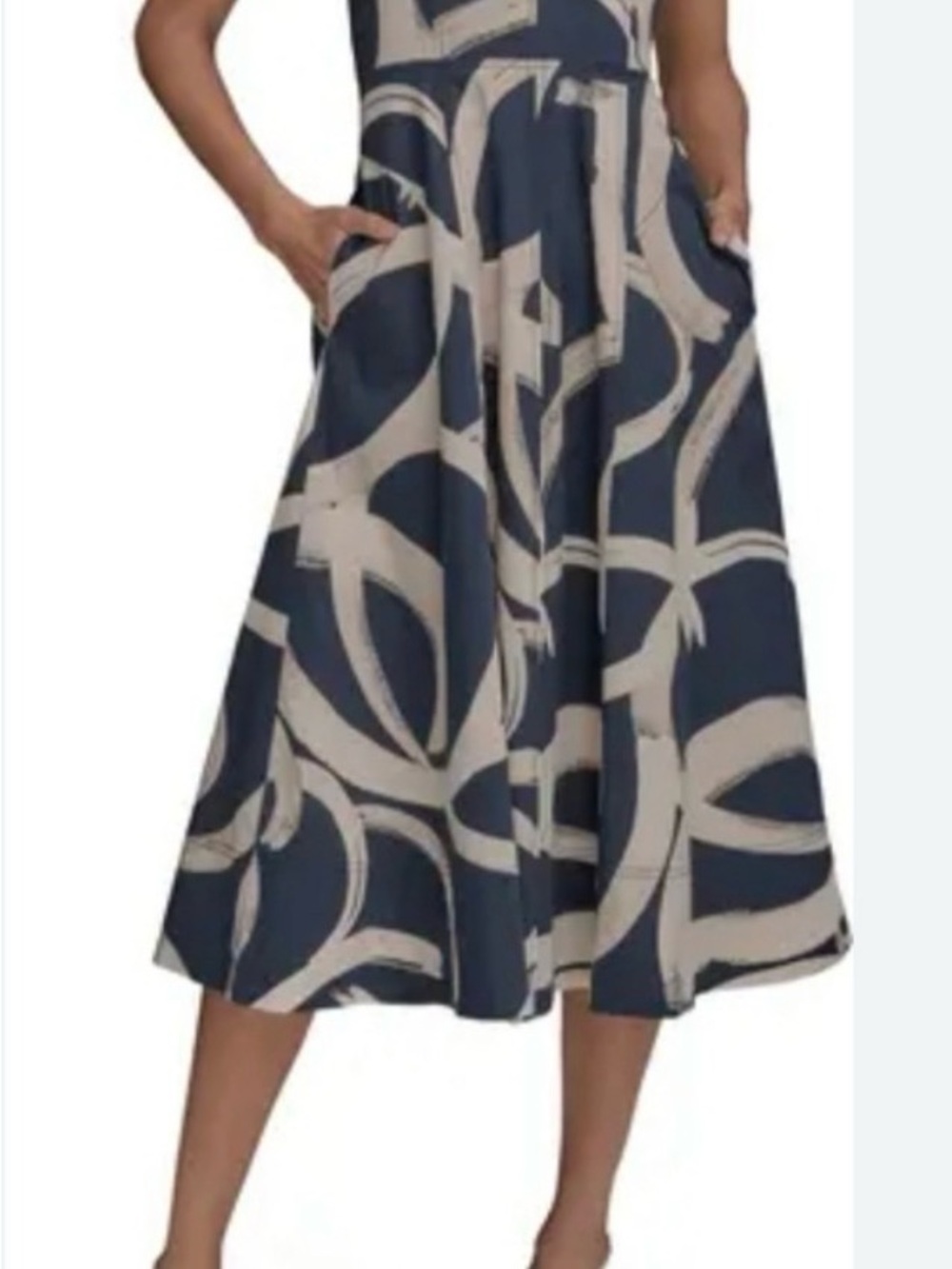 Donna Karan Navy and Cream Abstract Print Midi Dress (WORN ONCE) - Picture 2 of 7